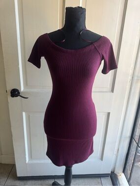 Ribbed Off-Shoulder Mini Dress in Plum